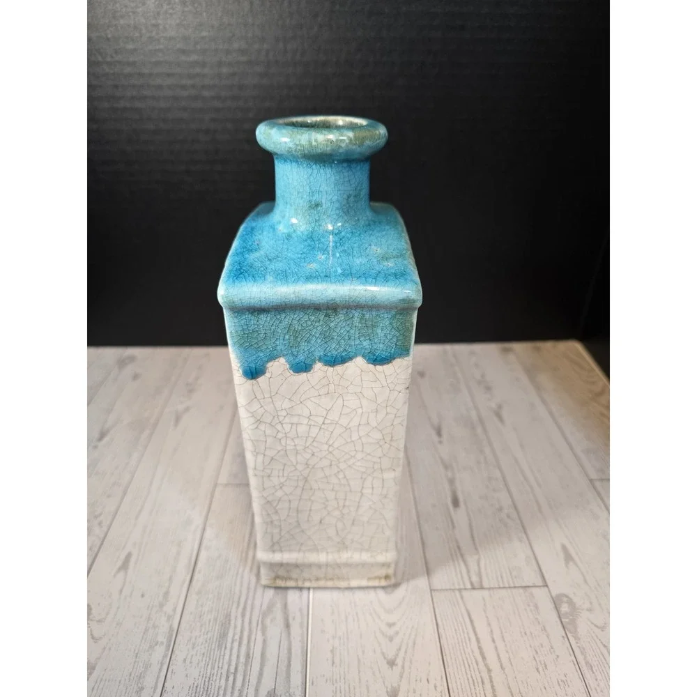 *Vintage Studio Pottery Vase Turquoise Drip Glaze White Crackle Square Modernist